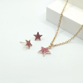 CONJUNTO ELO CARTIER ESTRELA ROSA ESCURO COM GLITTER RESINADO