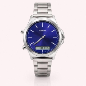 RELOGIO CASSIO ANALOGICO E DIDGITAL PRATA COM FUNDO AZUL