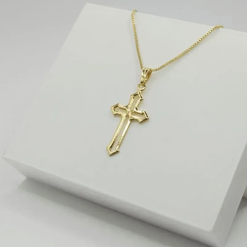 COLAR VENEZIANA COM PINGENTE CRUZ LISA VAZADA