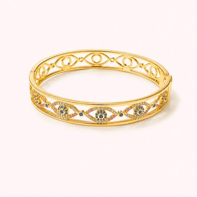 BRACELETE RIGIDO DOURADO CRAVEJADO COM PEDRAS COLORIDAS