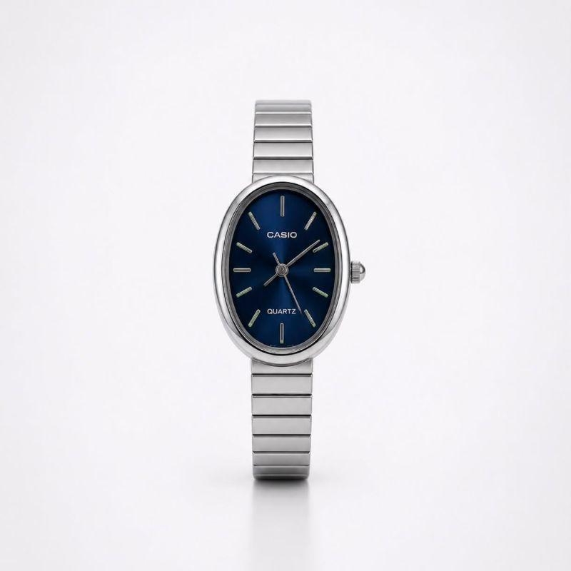 RELOGIO CASSIO ANALOGICO OVAL PRATA  FUNDO AZUL