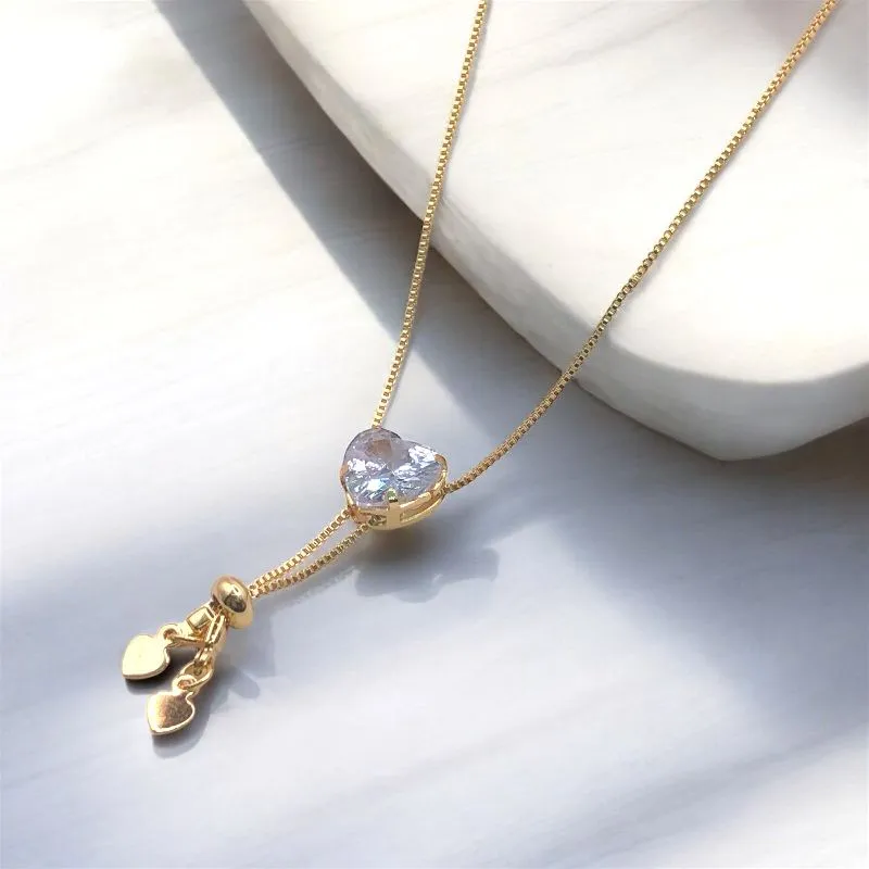 COLAR GRAVATA ZIRCONIA DE CORAÇÃO CRISTAL COM PINGENTE CORAÇÃO LISO