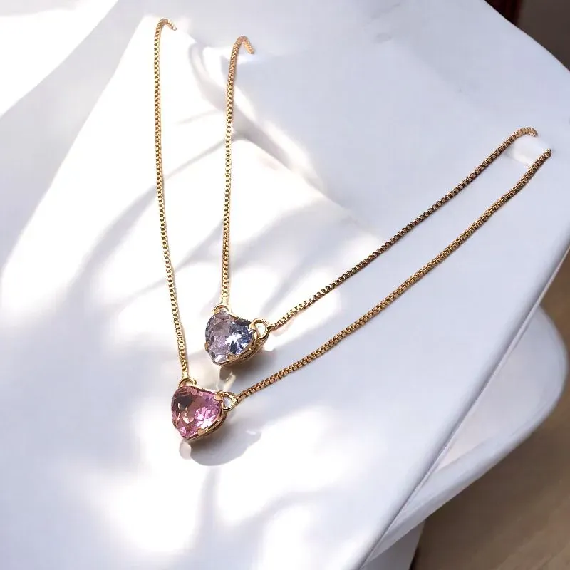 COLAR VENEZIANA COM DUPLO PINGENTE CORAÇÃO PONTO DE LUZ CRISTAL/ROSA