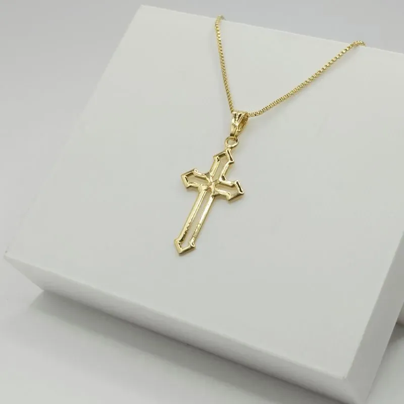 COLAR VENEZIANA COM PINGENTE CRUZ LISA VAZADA
