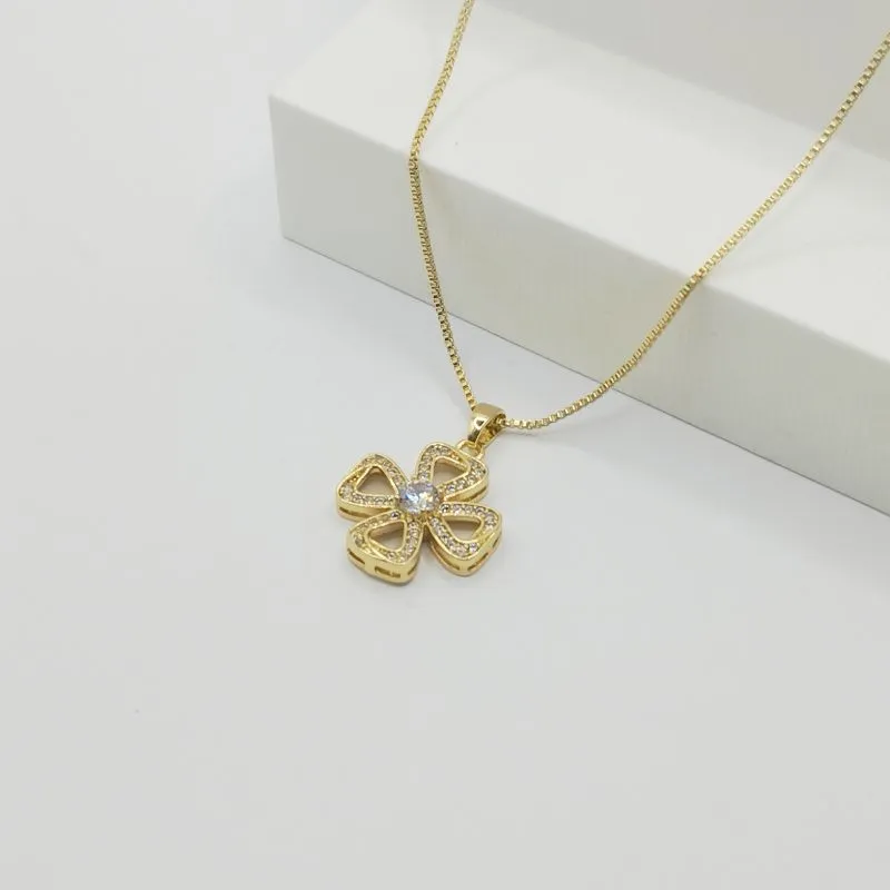 COLAR VENEZIANA COM PINGENTE FLOR VAZADO COM ZIRCÔNIA CRISTAL
