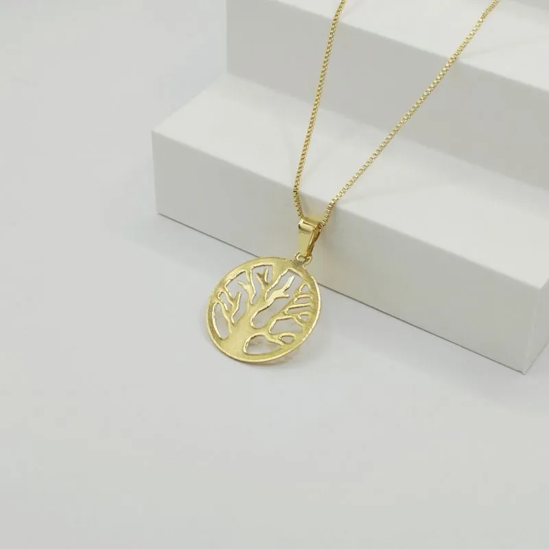COLAR VENEZIANA COM PINGENTE MEDALHA ARVORE DA VIDA LISO VAZADO