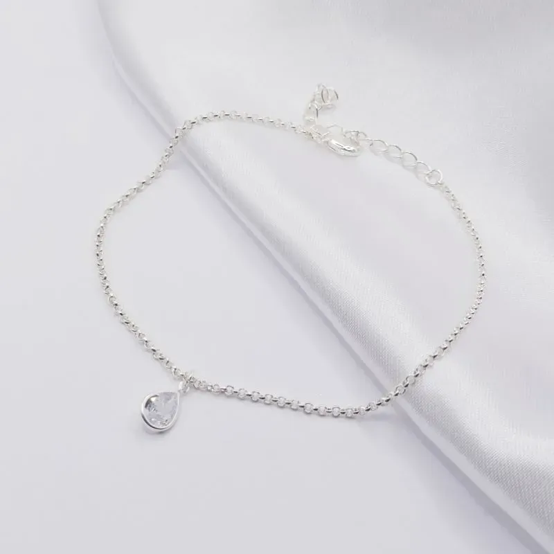 TORNOZELEIRA ELO PORTUGUÊS FINO COM PINGENTE GOTA CRISTAL