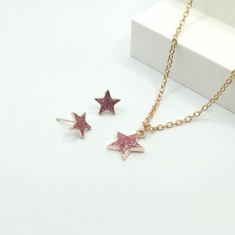 CONJUNTO ELO CARTIER ESTRELA ROSA ESCURO COM GLITTER RESINADO