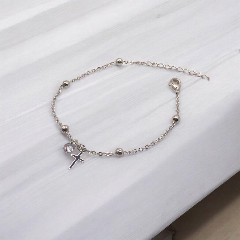 PULSEIRA ELO PORTUGUES COM BOLINHAS LISAS/CRUZ LISA E PONTO DE LUZ CRISTAL