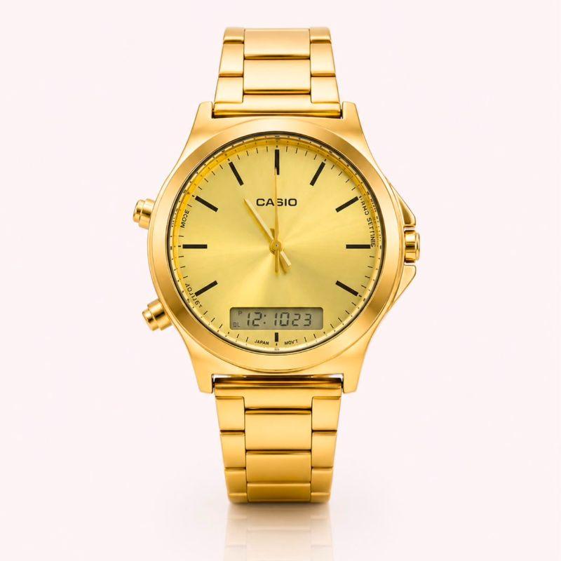 RELOGIO CASSIO ANALOGICO E DIDGITAL OURO COM FUNDO DOURADO