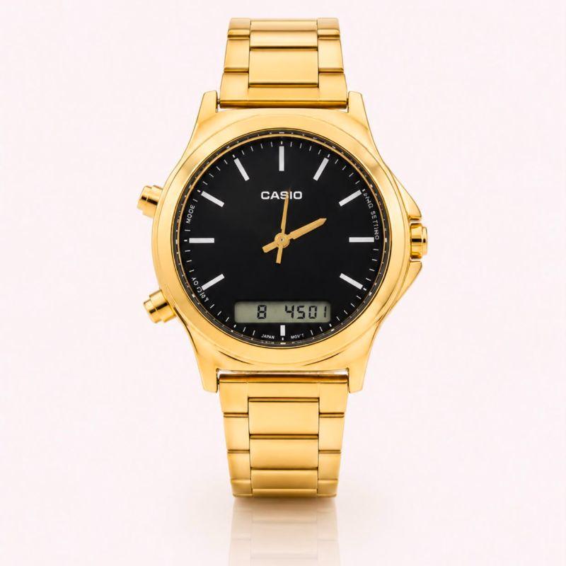RELOGIO CASSIO ANALOGICO E DIDGITAL OURO COM FUNDO PRETO