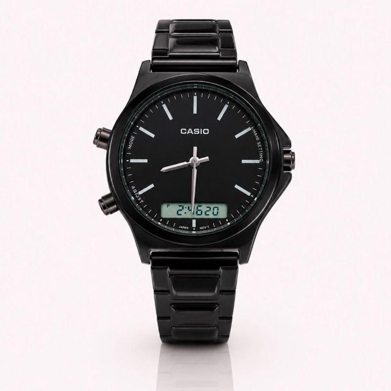 RELOGIO CASSIO ANALOGICO E DIDGITAL PRETO COM FUNDO PRETO