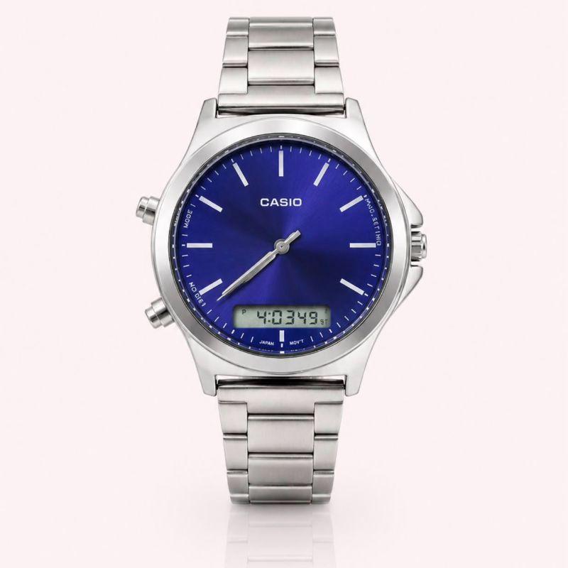 RELOGIO CASSIO ANALOGICO E DIDGITAL PRATA COM FUNDO AZUL